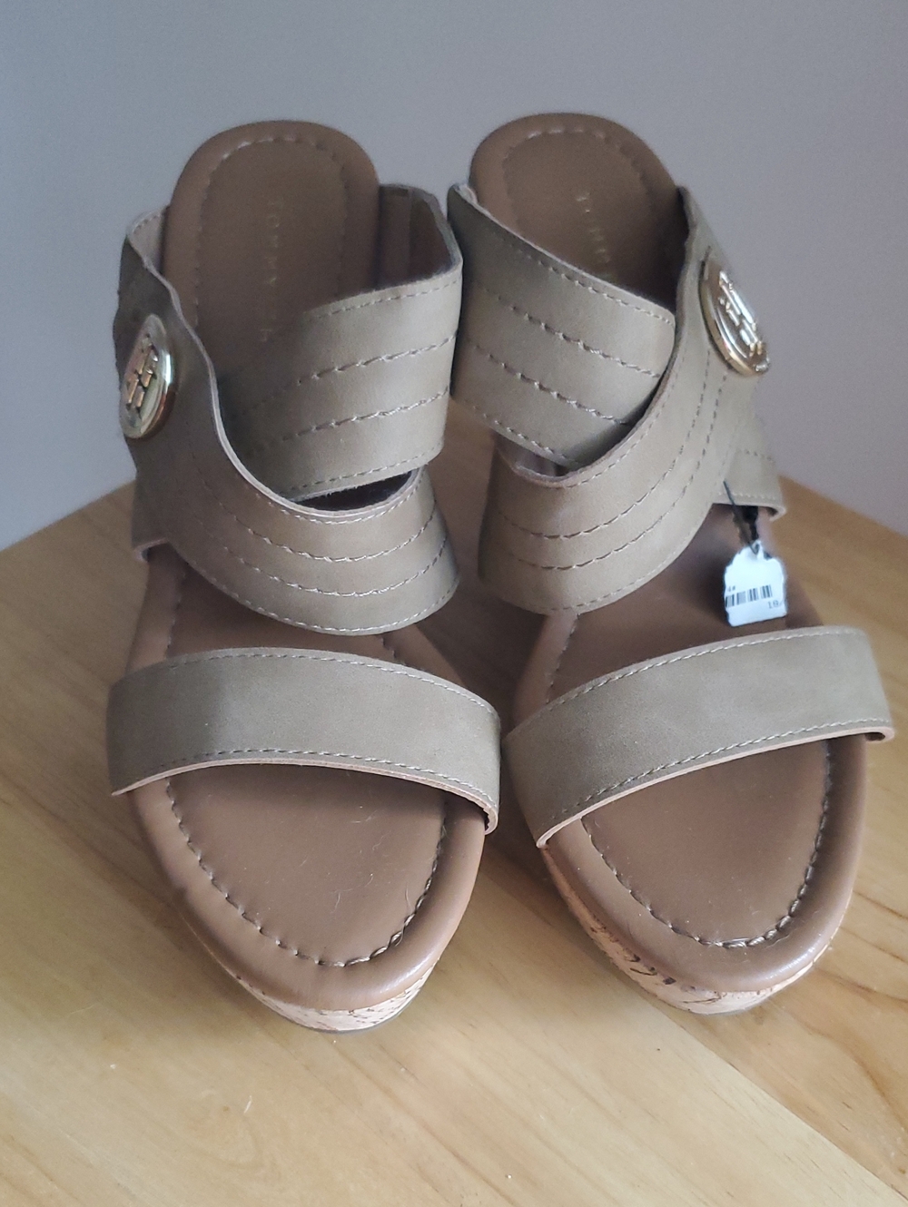 Tommy Hilfiger Taupe Wedge Sandals with Gold Emblem